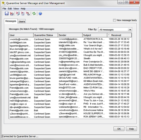 Capture d'écran de la boîte de dialogue Gestion des utilisateurs et messages du Quarantine Server