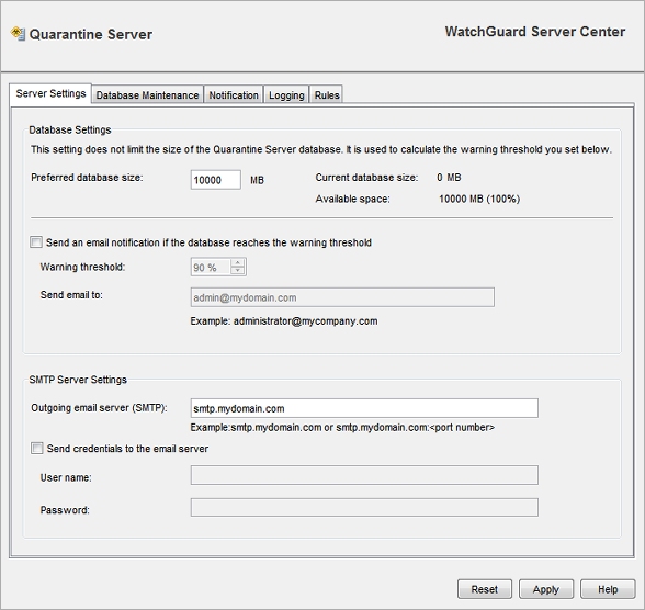 Boîte de dialogue Configuration de Quarantine Server, Paramètres de serveur