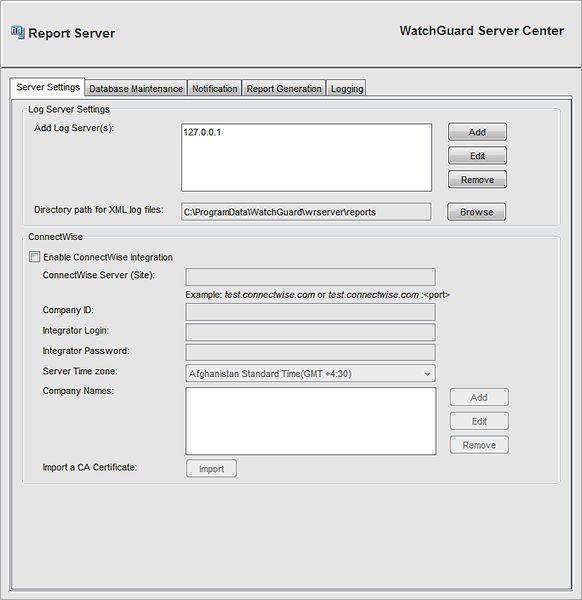 Capture d'écran de la page Report Server de WatchGuard Server Center