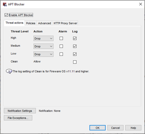 Capture d'écran de la boîte de dialogue APT Blocker