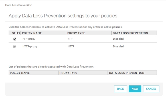 Capture d'écran de la page Stratégies de l'Assistant Data Loss Prevention Wizard