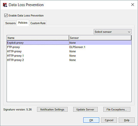 Capture d'écran de la boîte de dialogue Data Loss Prevention, onglet Stratégies