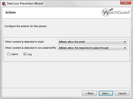 Capture d'écran des paramètres d'actions de l'Assistant Data Loss Prevention Wizard