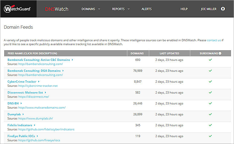 Capture d'écran de la page Flux DNSWatch.