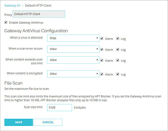 Capture d'écran de la page de configuration Gateway AV