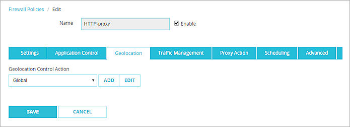 Screen shot of the Geolocation tab in a HTTP-proxy policy.