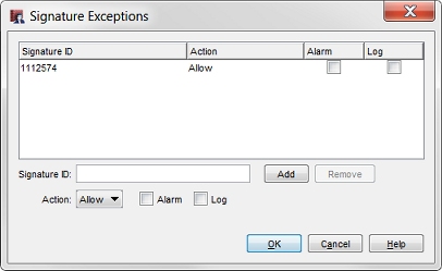 Capture d'écran de la boîte de dialogue Exceptions de signatures