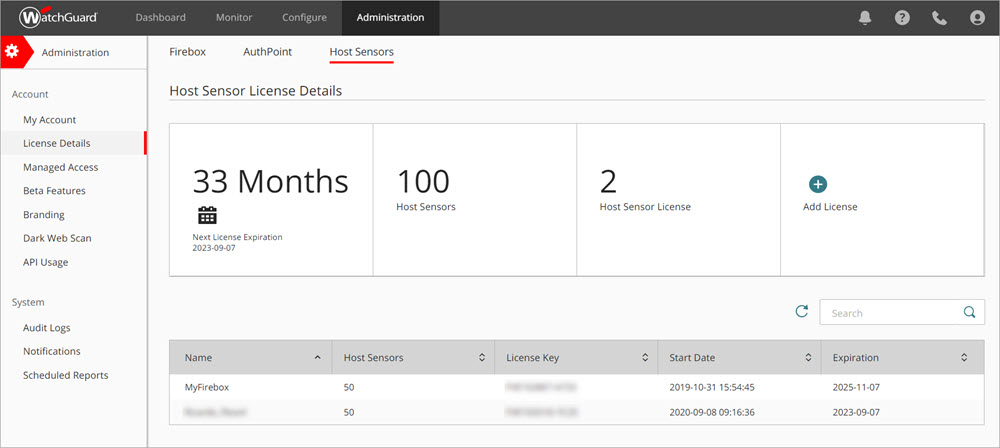 Screen shot of the Host Sensor License Details tab in the Administration menu.