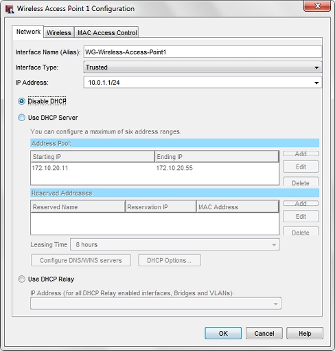 Capture d'écran la boîte de dialogue Configuration de point d'accès sans fil