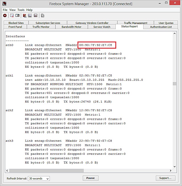 Capture d'écran de Firebox System Manager - Onglet Rapport d'état, section Interfaces