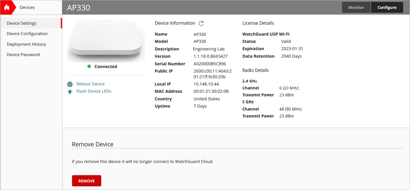 Screen shot of the Device Settings page for an AP in WatchGuard Cloud