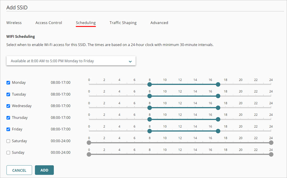 Screen shot of the SSID scheduling settings for an access point