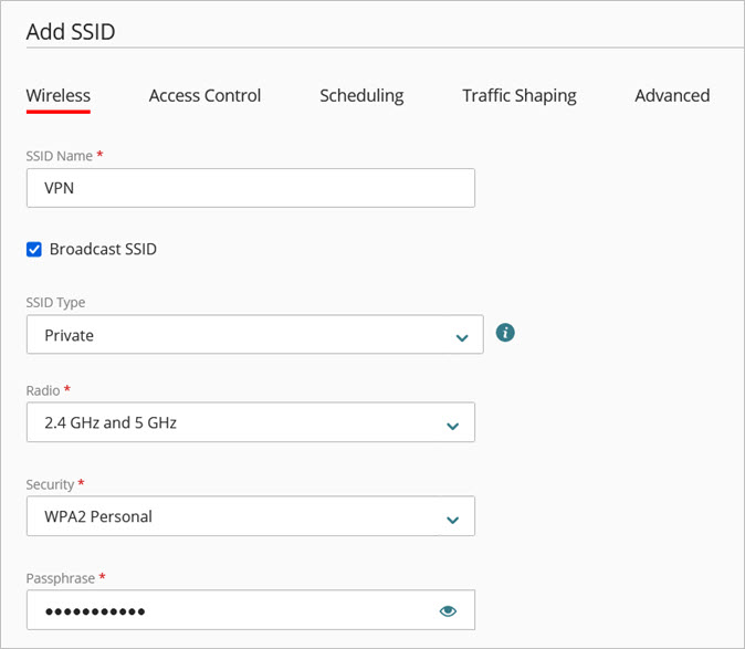 Screen shot of the SSID settings for an Access Point VPN