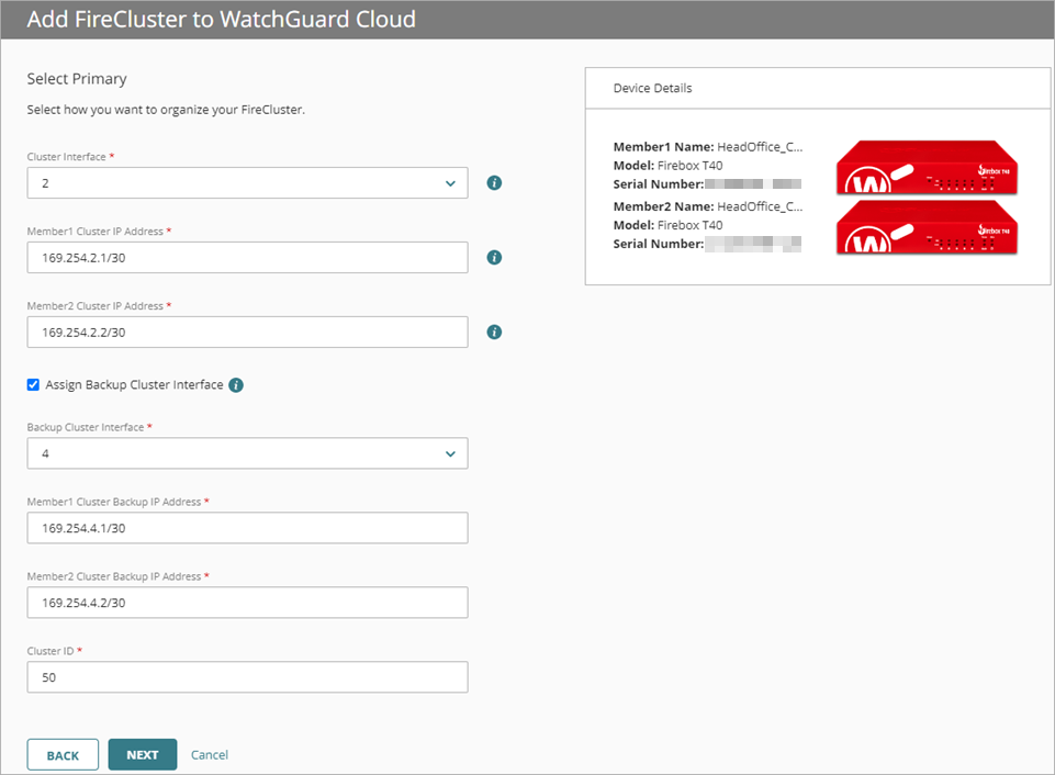 Screen shot of a FireCluster configuration with a Backup Cluster Interface