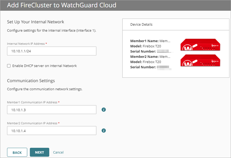 Screen shot of the internal interface settings for FireCluster