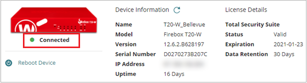 Screen shot of WatchGuard Cloud Device Settings, Connection Status