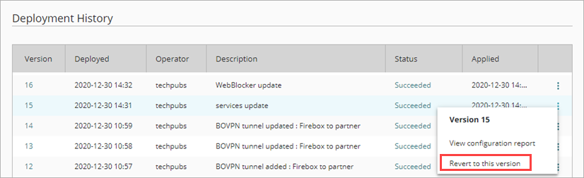 Screen shot of the Deployment History, with the Revert option selected
