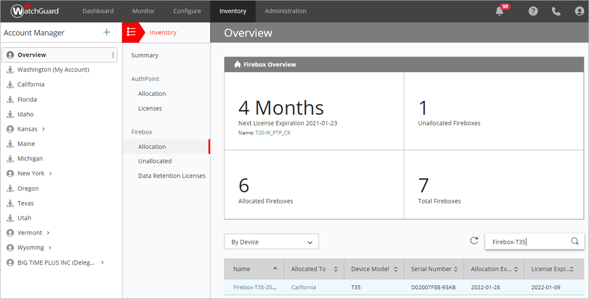 Screen shot of the allocation summary by device name