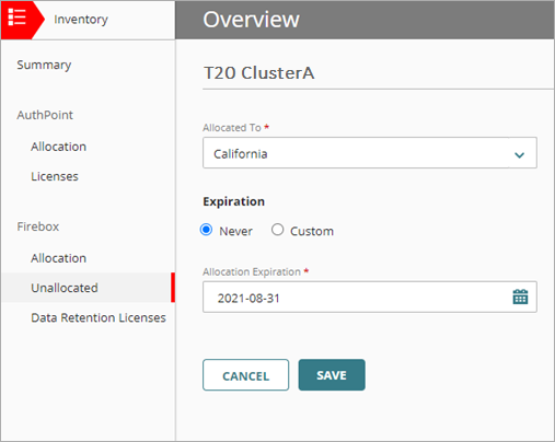 Screen shot of WatchGuard Cloud, Inventory > Firebox > Allocation details