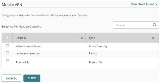 Screen shot of the Select Authentication Domains page