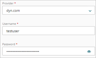 Screen shot of the dynamic DNS Provider Username and Password text boxes in WatchGuard Cloud