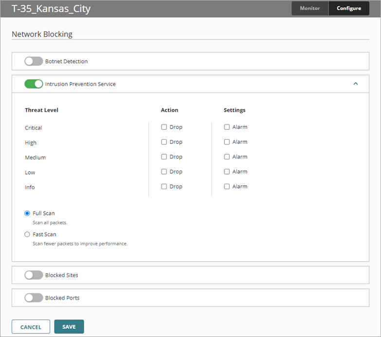 WatchGuard Cloud screen shot of Network Blocking IPS options