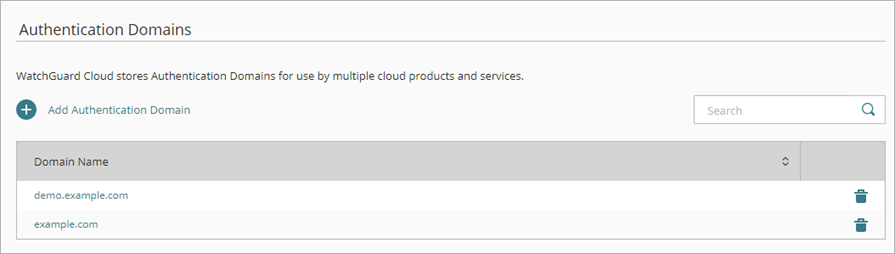 Screen shot of the Authentication Domains page