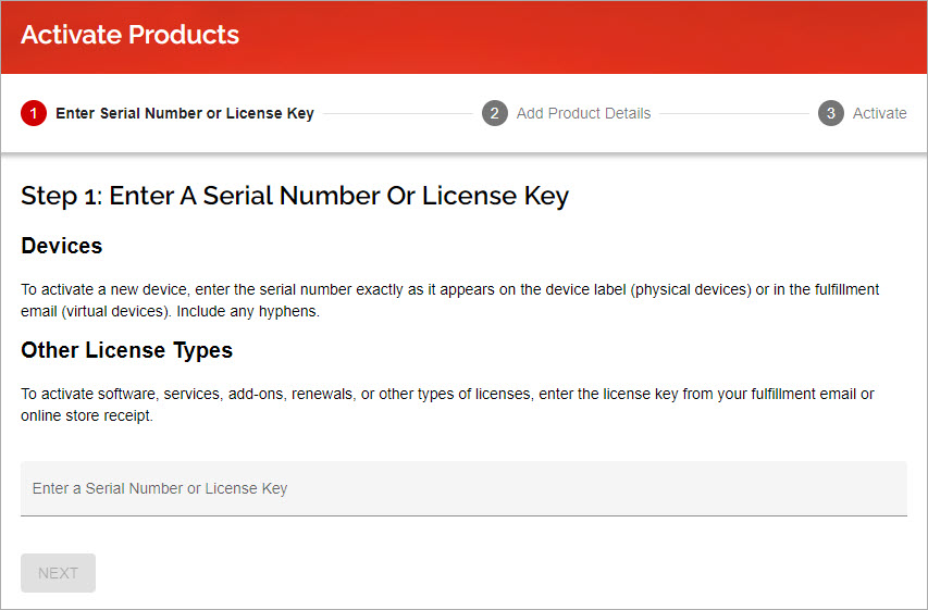 Page d'activation du numéro de série WatchGuard