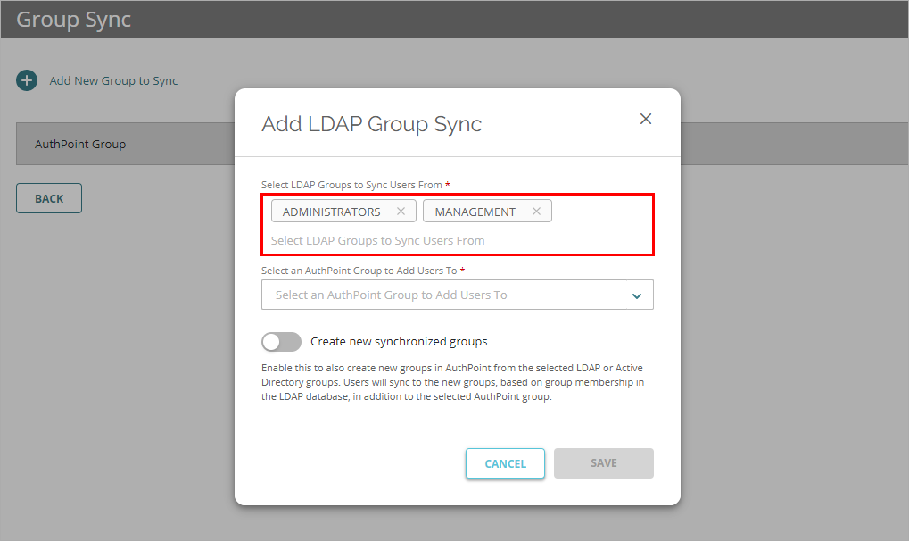 Screenshot that shows the settings in the Add LDAP Group Sync window.