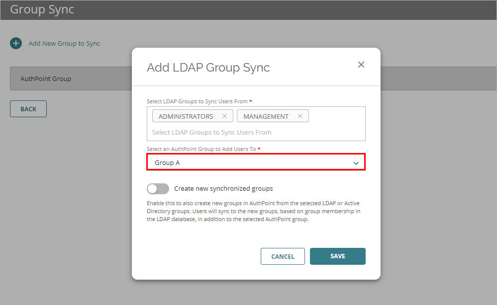 Screenshot that shows the settings in the Add LDAP Group Sync window.