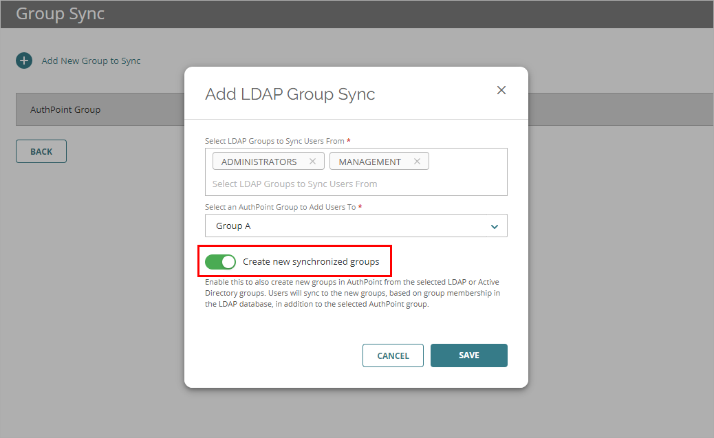 Screenshot that shows the settings in the Add LDAP Group Sync window.