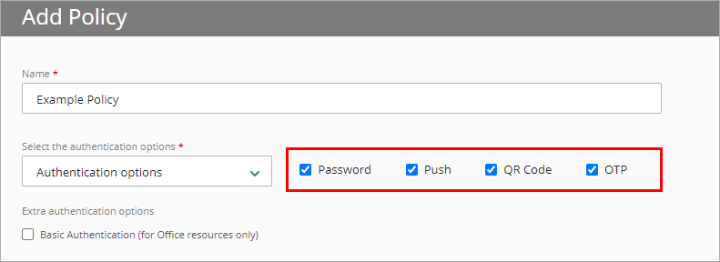 Screenshot of the Add Policy page with authentication options selected.