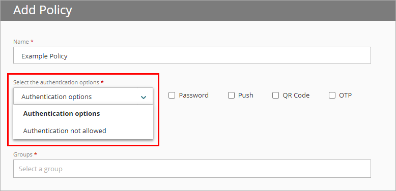 Screenshot of selecting the authentication options on the Add Policy page.