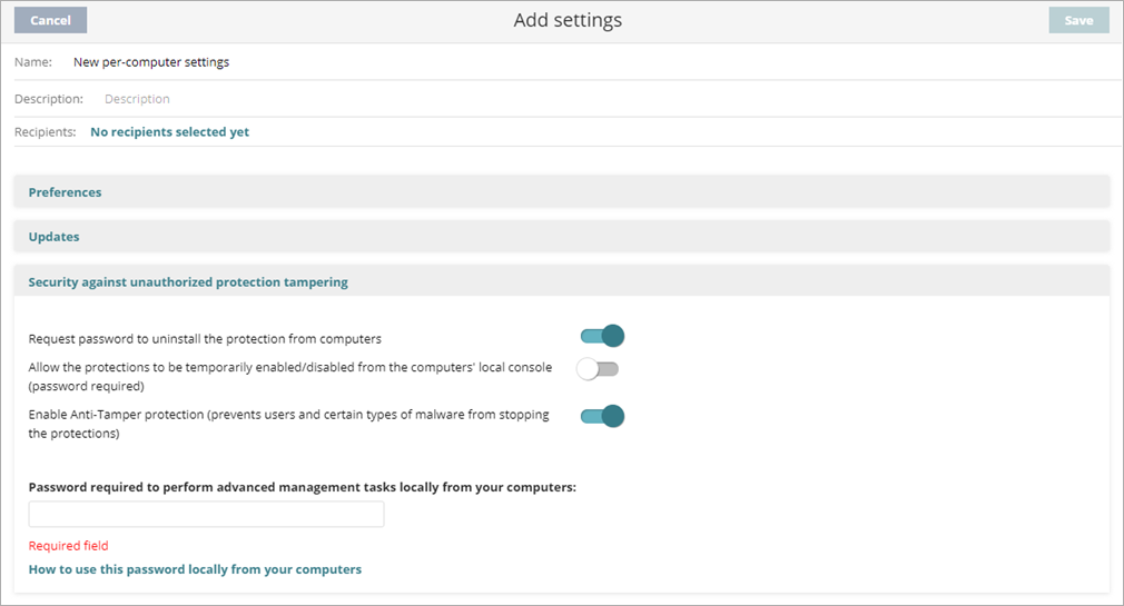 Screen shot of WatchGuard Endpoint Security, Anti-tampering settings