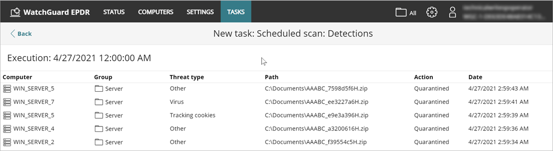 Screen shot of the Detections page