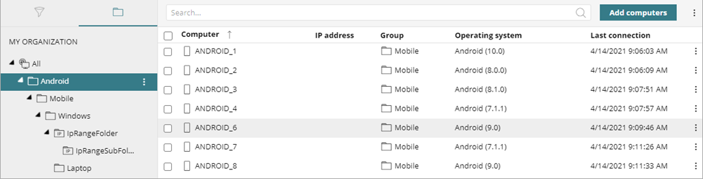 Screen shot of WatchGuard Endpoint Security, Android Computers list