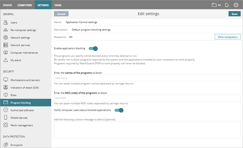 Screen shot of WatchGuard Endpoint Security, Program Blocking settings