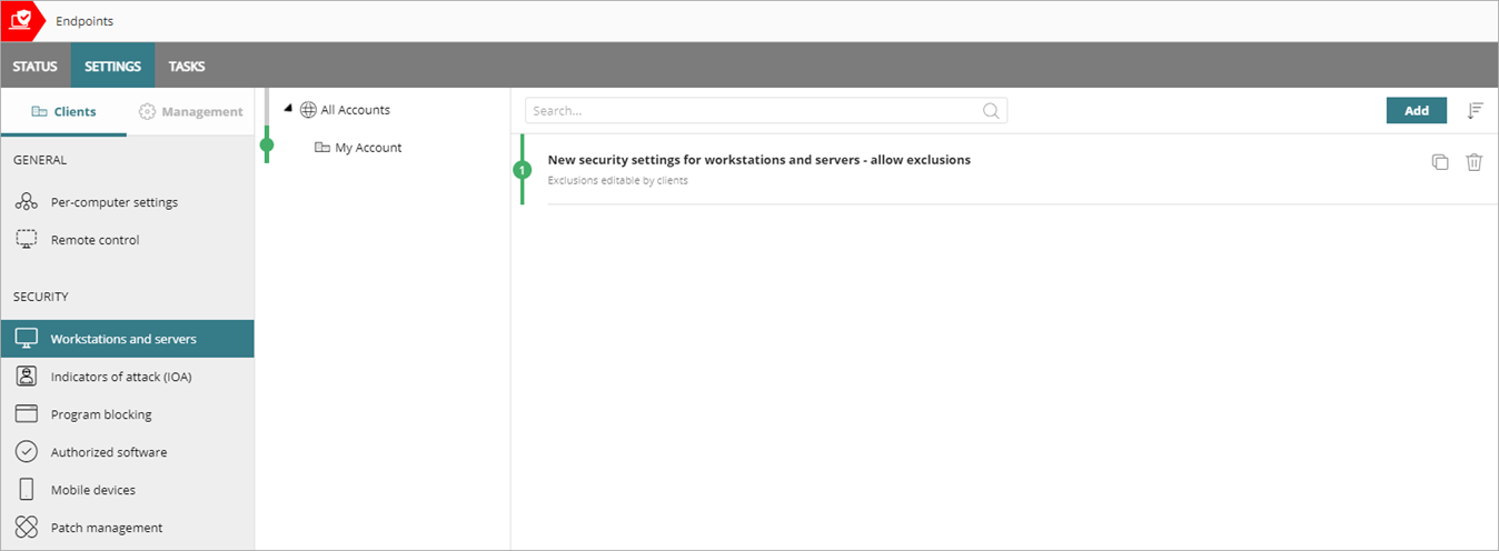 Screen shot of Service Provider Endpoint Manager, Workstation and server settings