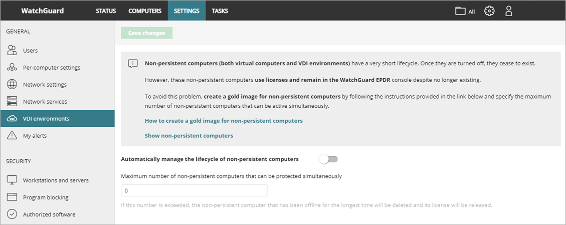 Screen shot of WatchGuard Endpoint Security, VDI Environments settings