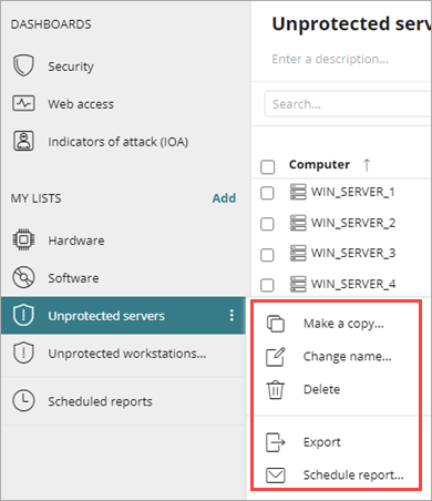 Screen shot of WatchGuard Endpoint Security, My Lists options