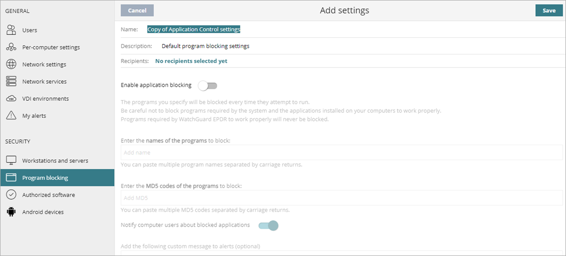 Screen shot of WatchGuard Endpoint Security, Add Settings page