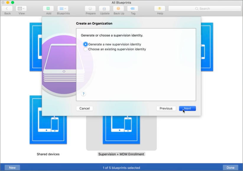 Screen shot of Create an Organization dialog box, select Supervision Identity. 