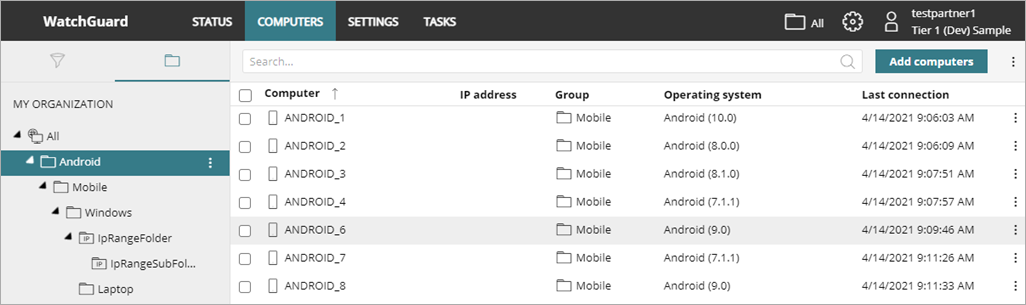 Screen shot of WatchGuard Endpoint Security, Android Computers list