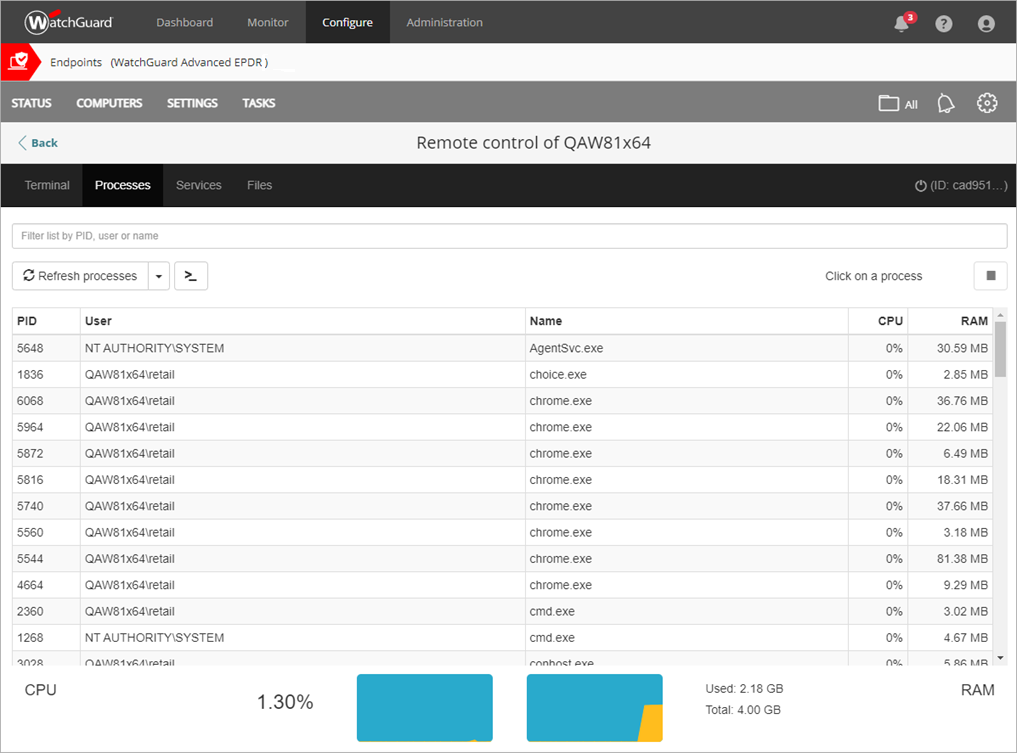 Screen shot of Advanced EPDR, Remote Control Processes page