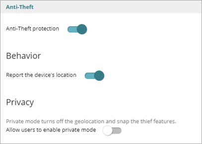 Screen shot of WatchGuard Endpoint Security, iOS Anti-Theft settings