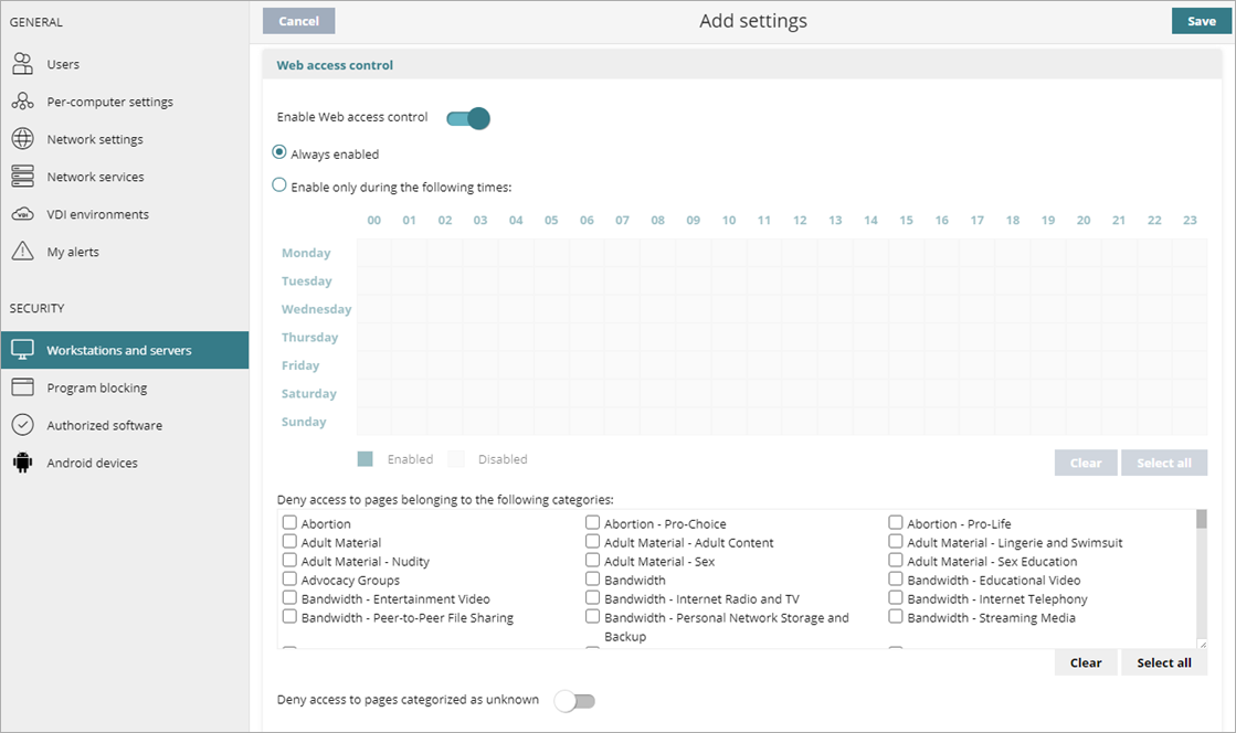 Screen shot of WatchGuard Endpoint Security, Web Access Control settings