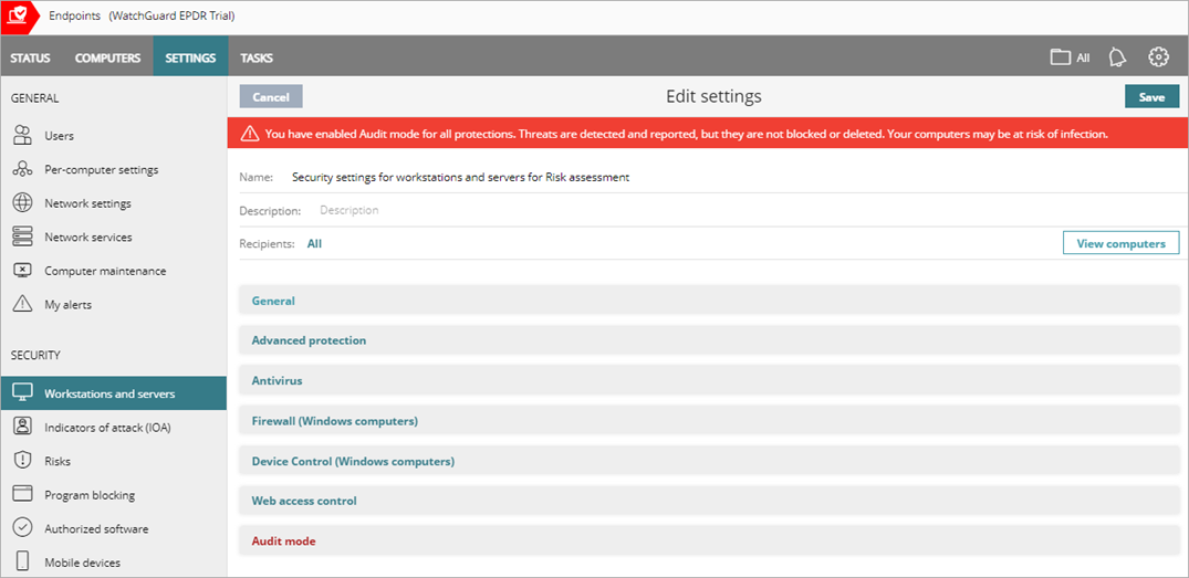 Screen shot of WatchGuard Endpoint Security, Workstations and Servers settings with audit mode