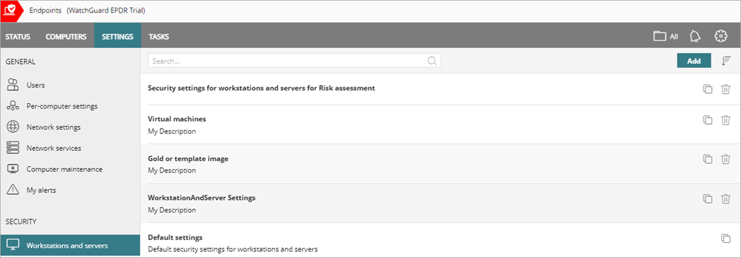 Screen shot of WatchGuard Endpoint Security, Workstations and servers settings profiles