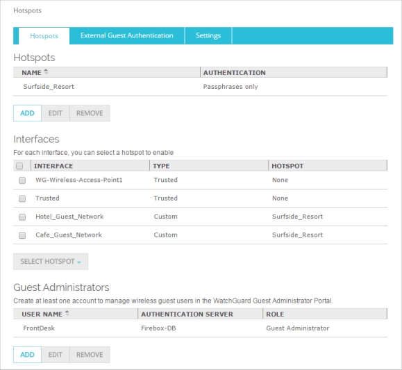 Fireware Web UI のホットスポット ページのスクリーンショット