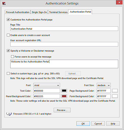 Screen shot of the Authentication Settings > Authentication Portal tab